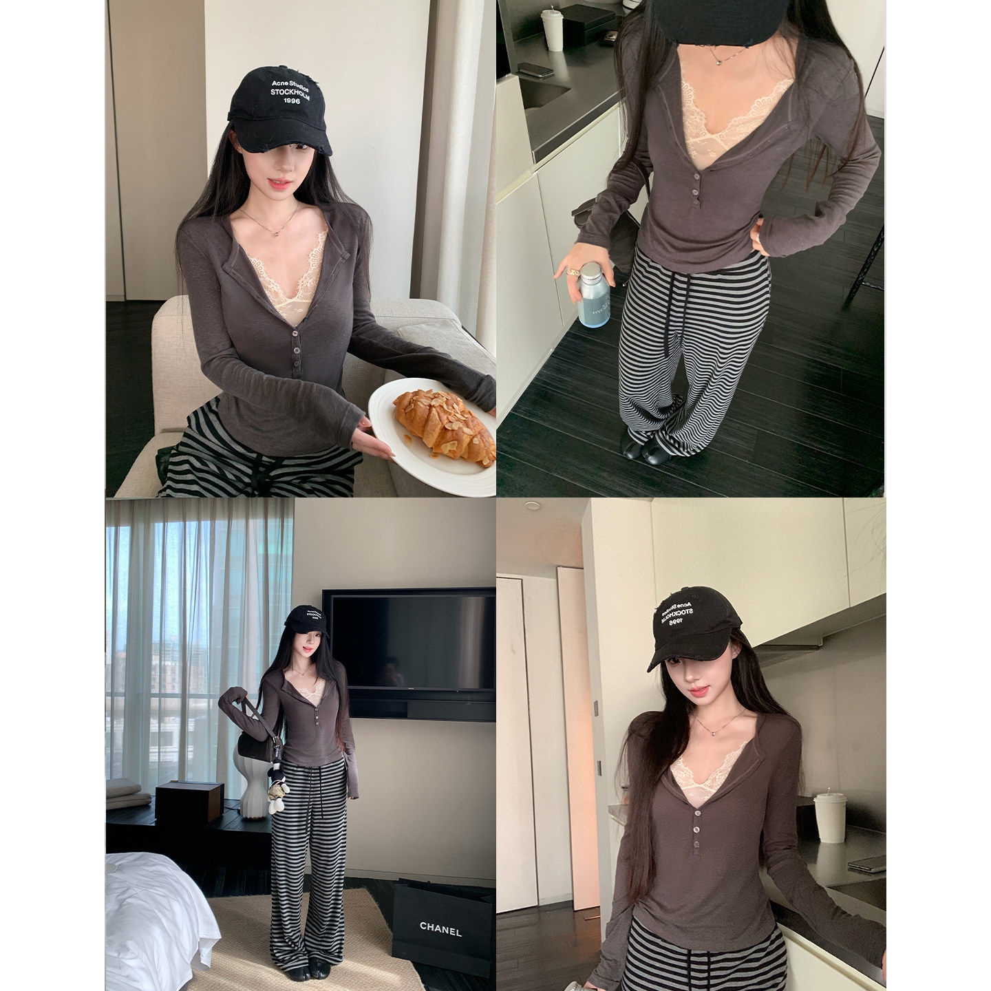 天丝亚麻蕾丝假两件v领