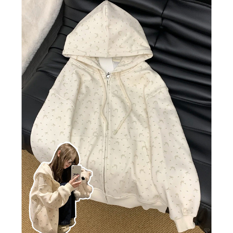 白色碎花卫衣外套女秋季