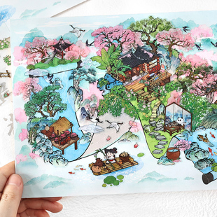 infeelme山中书事大尺寸造景贴纸文艺ins古风场景手帐diy装饰贴画