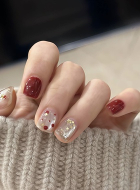 纯手工穿戴甲新年高级红色显白美甲贴片成品短款可拆卸假指甲贴片