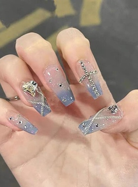 冰透钻法奢华蓝色渐变高端定制手工穿戴美甲成品可拆卸指甲贴片