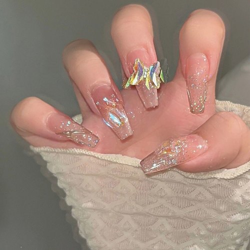 蝴蝶冰透裸色闪钻纯手工定制穿戴甲小红书网红款可拆卸美甲片成品