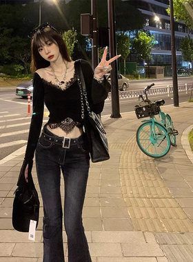 极速黑色V领蕾丝长袖T恤女春季新款修身显瘦喇叭袖打底衫辣妹短款