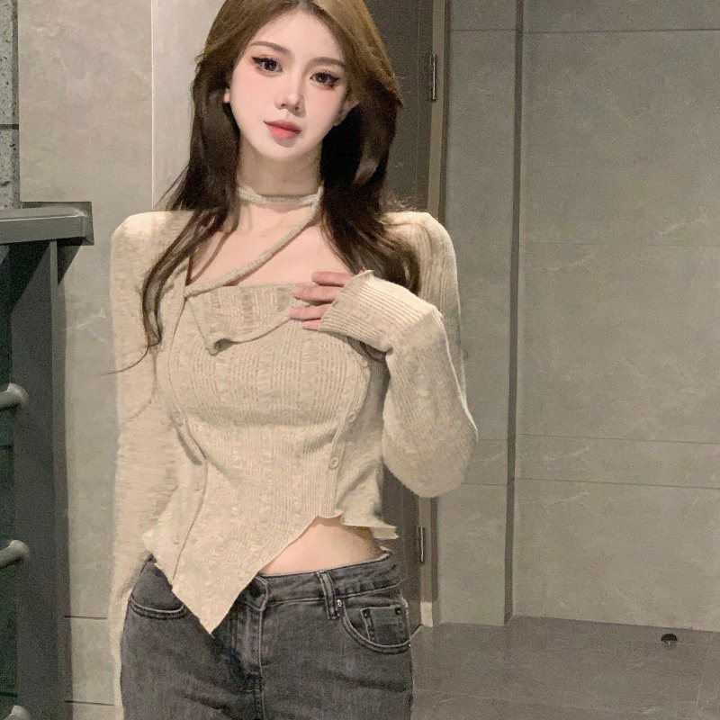 好货2026春秋新款纯欲辣妹方领长袖t恤女装内搭不规则短款绝美小