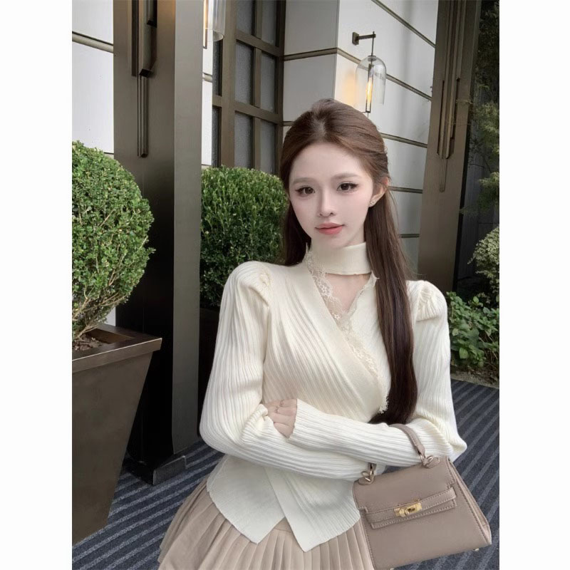 推荐小香风不规则针织衫女春秋挂脖上衣半高领蕾丝打底衫内搭圣诞