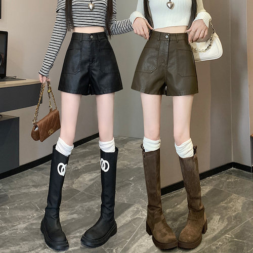 欧货咖色皮裤短裤女2025新款春秋季休闲阔腿裤高腰显瘦打底靴裤子