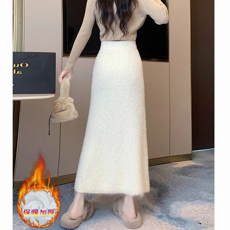 推荐加厚水貂绒半身裙女春秋季毛线针织高腰显瘦a字遮胯一步包臀