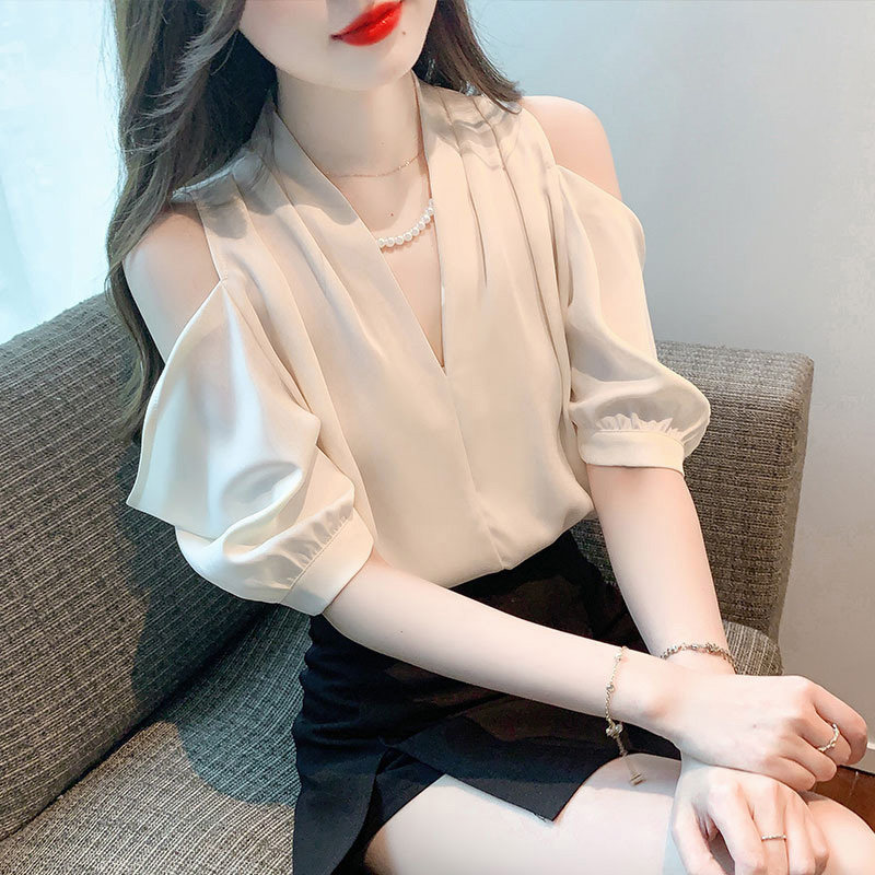 2026新款雪纺白衬衫女士夏季法式露肩上衣缎面别致衬衣设计感小众
