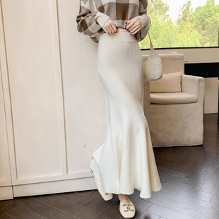 白色加厚针织鱼尾半身裙女春秋步步生莲高腰气质包臀中长款一步裙