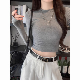 美式辣妹小个子高腰短款纯色圆领百搭长袖T恤女正肩修身打底上衣
