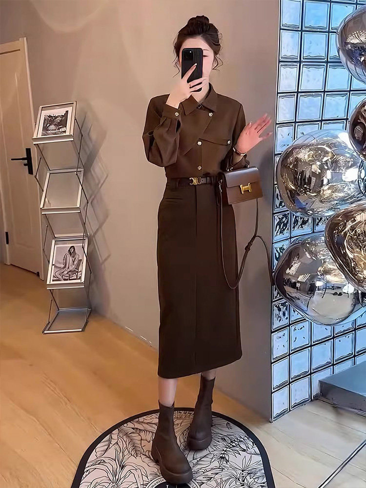 穿搭小个子一整套2025春秋新款高级感衬衫女配高腰半身裙两件套装