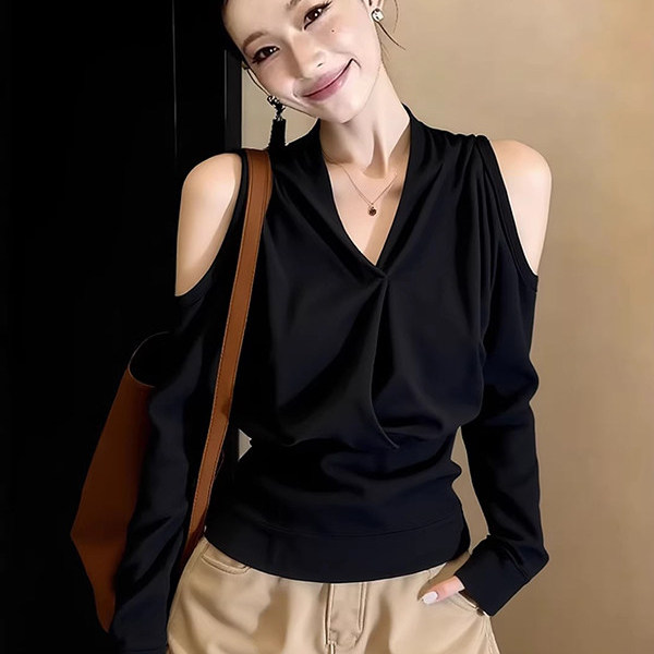 美式辣妹黑色挂脖V领露肩长袖T恤女早春季别致设计感修身显瘦上衣