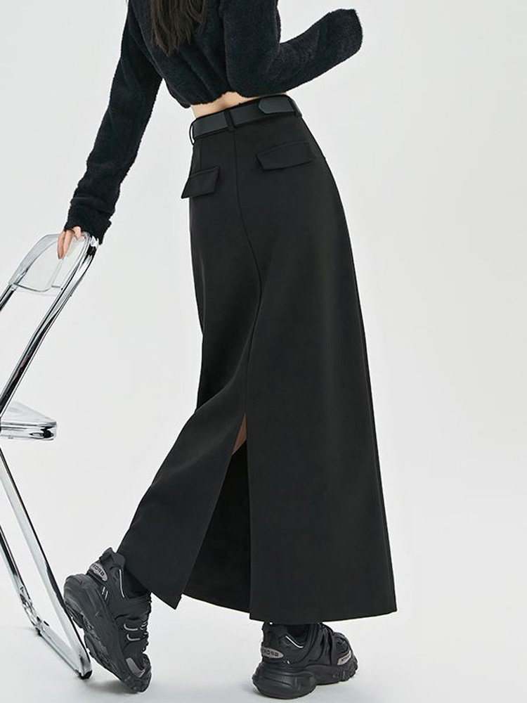 黑色毛呢西装半身裙女春秋新款高腰直筒开叉一步裙a字包臀长裙子