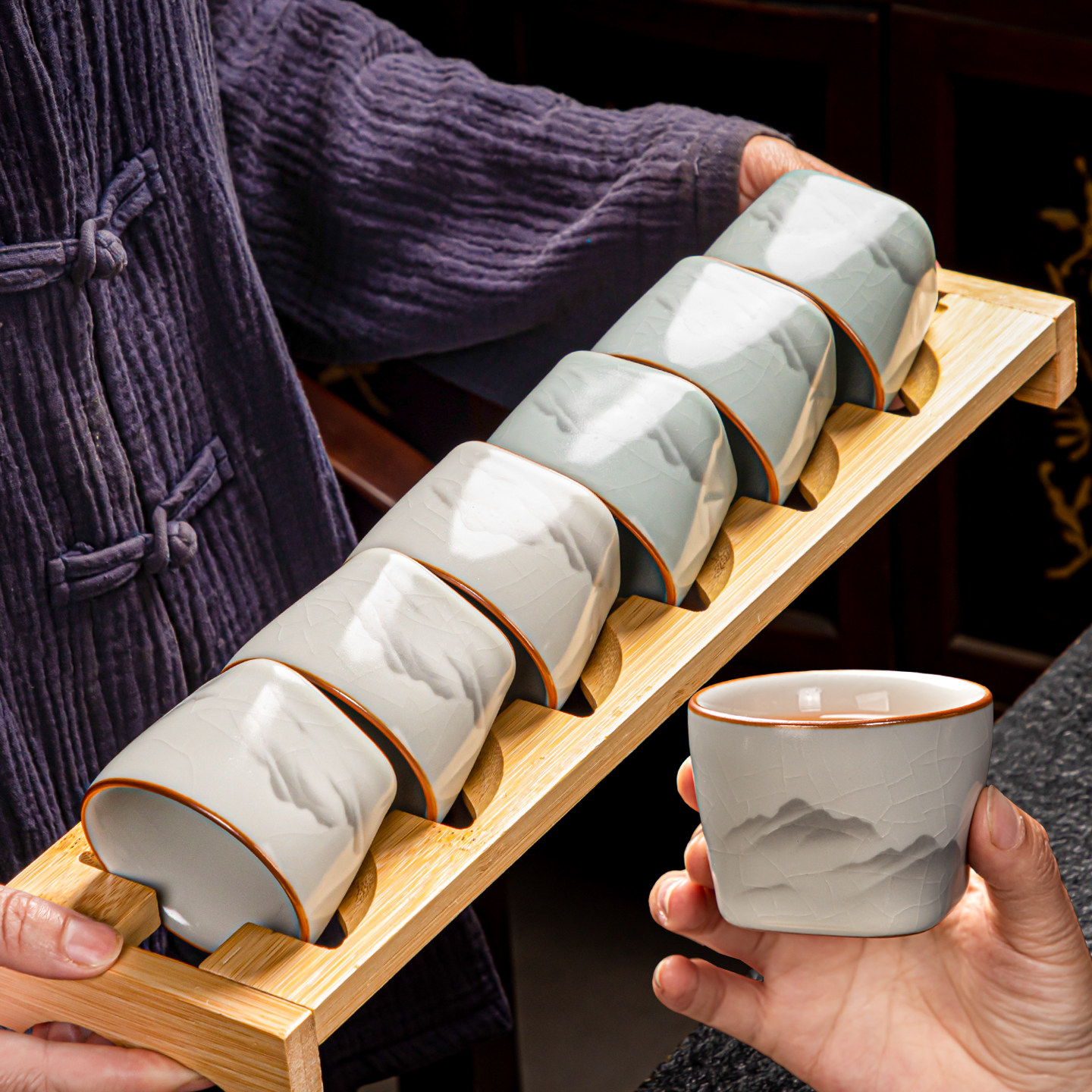 复古风山水汝窑茶杯套装大号家用功夫茶茶碗冰裂纹茶具陶瓷主人杯
