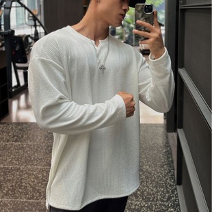 弹力宽松运动训练休闲衣服 T恤男美式 秋冬季 V领肌肉型男健身长袖