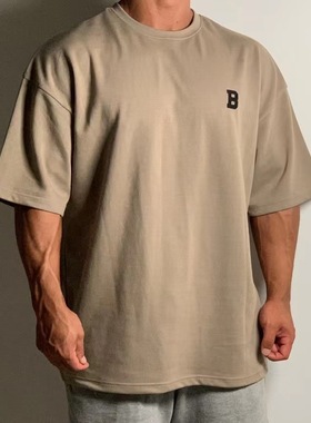 230克重磅棉大码宽松短袖男士肌肉落肩五分袖夏季运动健身上衣T恤