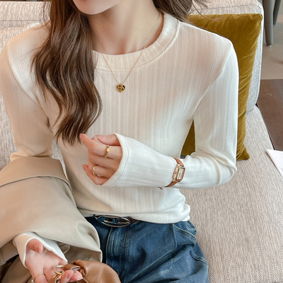 新款螺纹小圆领打底衫女内搭高级感秋冬季长袖t恤可外穿德绒上衣
