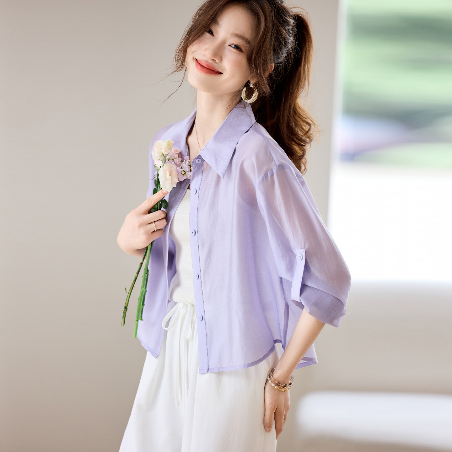 2025新款夏季防晒衬衣薄款长袖天丝衬衫外套女宽松小个子外搭上衣