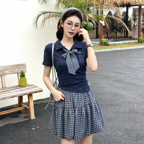 学生夏季格子裙两件套女精致套裙