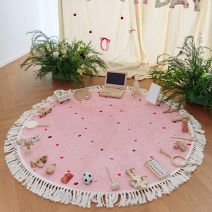 租赁女宝抓周布置装 饰原木风周岁生日布置道具公主风圆形毛绒地毯