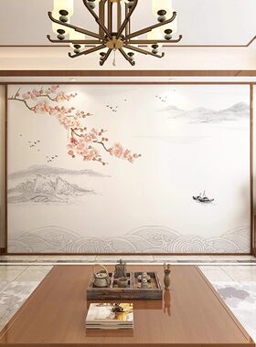3d新中式山水壁画新款花鸟