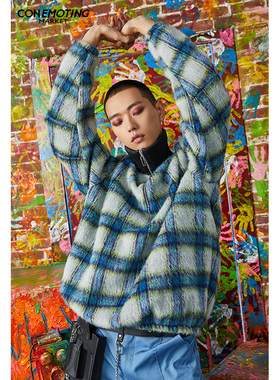 CEMT买手店 CSY蓝白海毛格纹毛绒加厚卫衣格子百搭宽松保暖毛衣