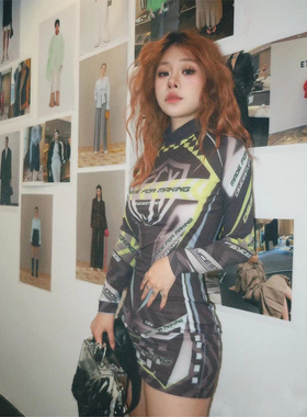 CEMT买手店 CSY长袖连衣裙春秋女赛车服印花紧身显瘦街头潮流机车