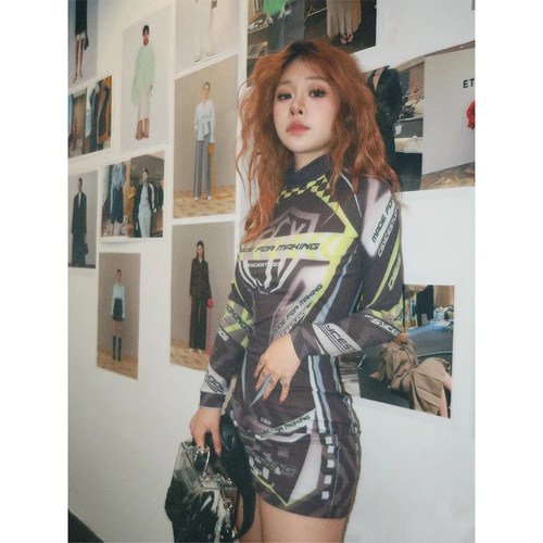CEMT买手店 CSY长袖连衣裙春秋女赛车服印花紧身显瘦街头潮流机车