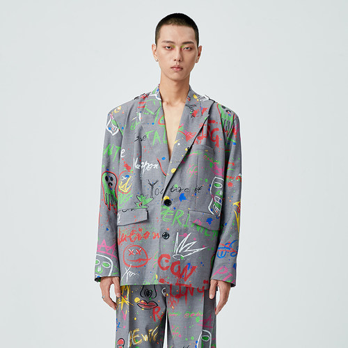 CEMT 设计师品牌CONEMOTING 灰色涂鸦西装外套多巴胺情侣休闲西服