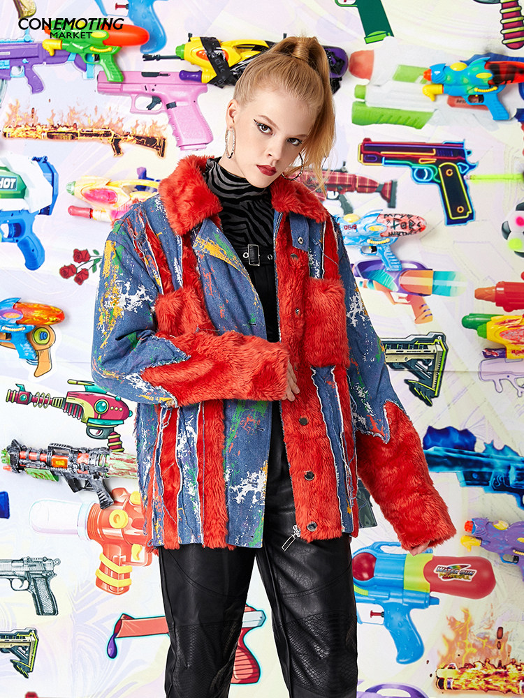 CEMT买手店 CSY牛仔拼接兔毛加绒外套女冬加厚保暖毛呢棉衣夹克