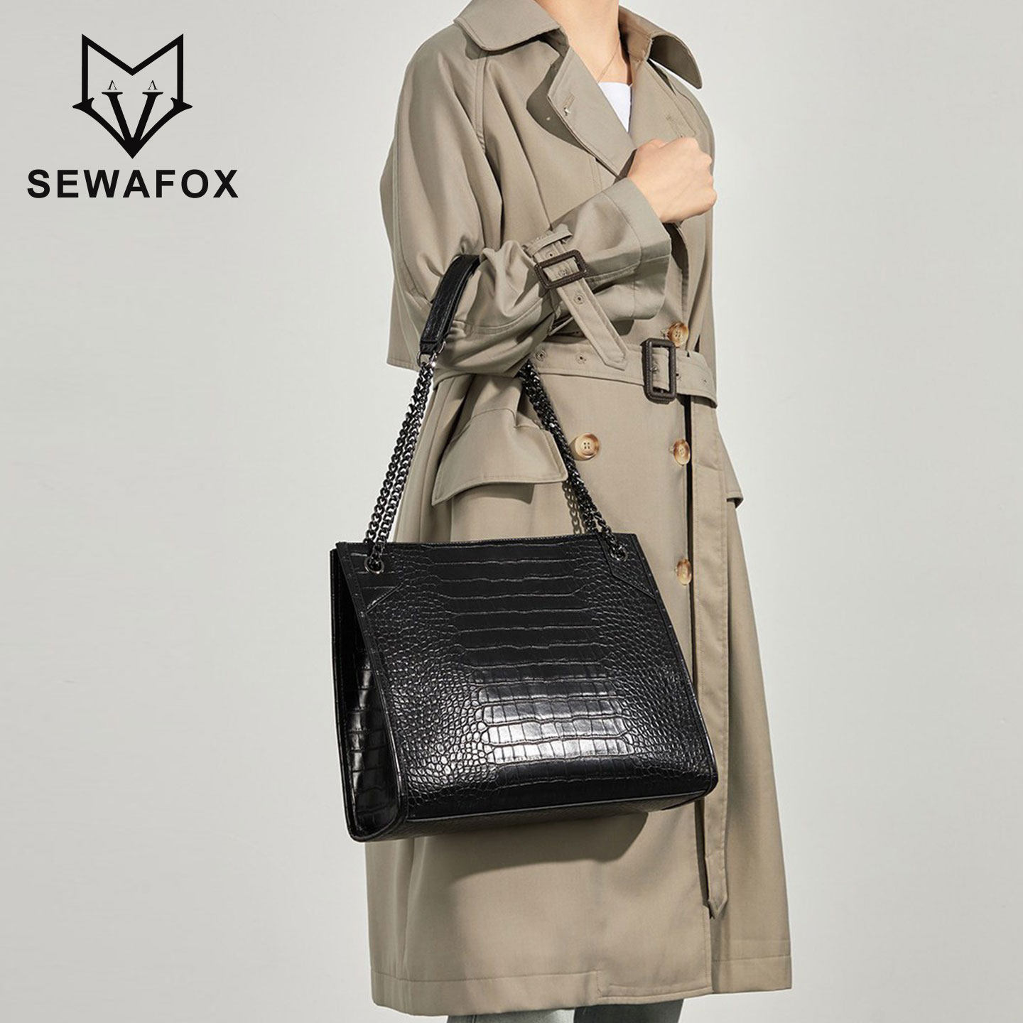 托特包简约大容量腋下包单肩斜挎黑色链条包鳄鱼纹手提通勤女包包