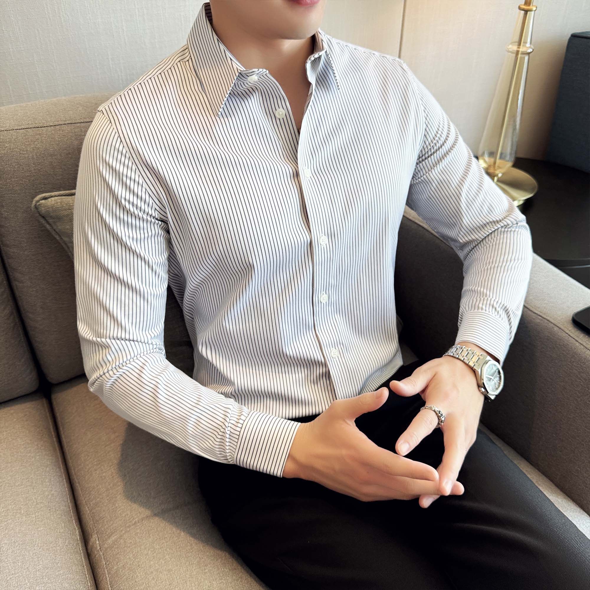 衬衫男士春夏季新款长袖高级感抗皱商务修身休闲 白色条纹衬衫薄