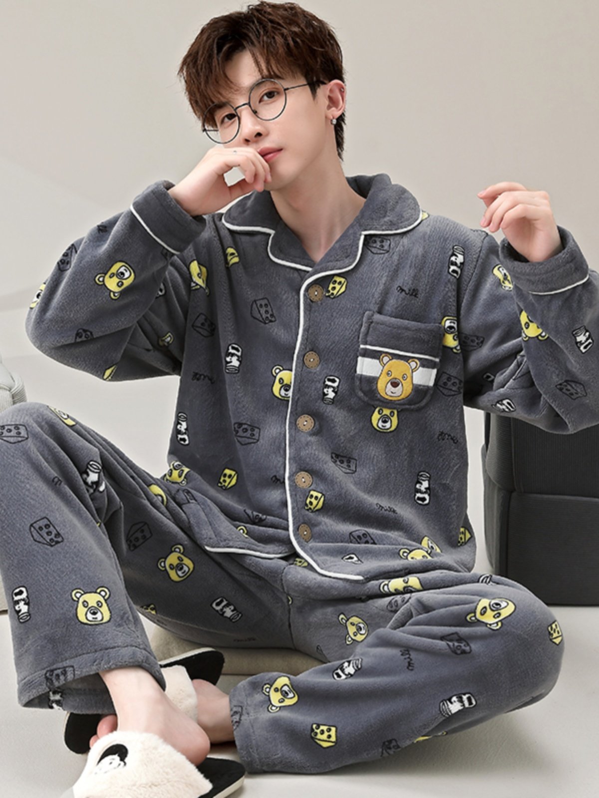 青少年睡衣男孩珊瑚绒秋冬季加绒加厚2025新款法兰绒男童初中学生
