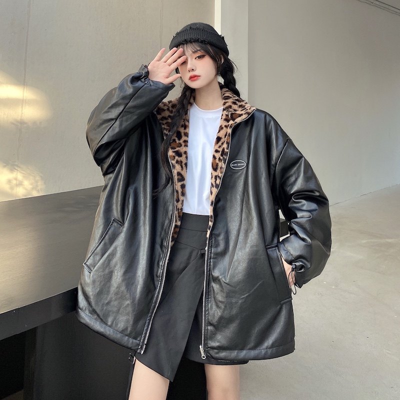 美式复古两面穿pu皮衣外套女冬季2025新款港风豹纹加绒棉衣棉服潮