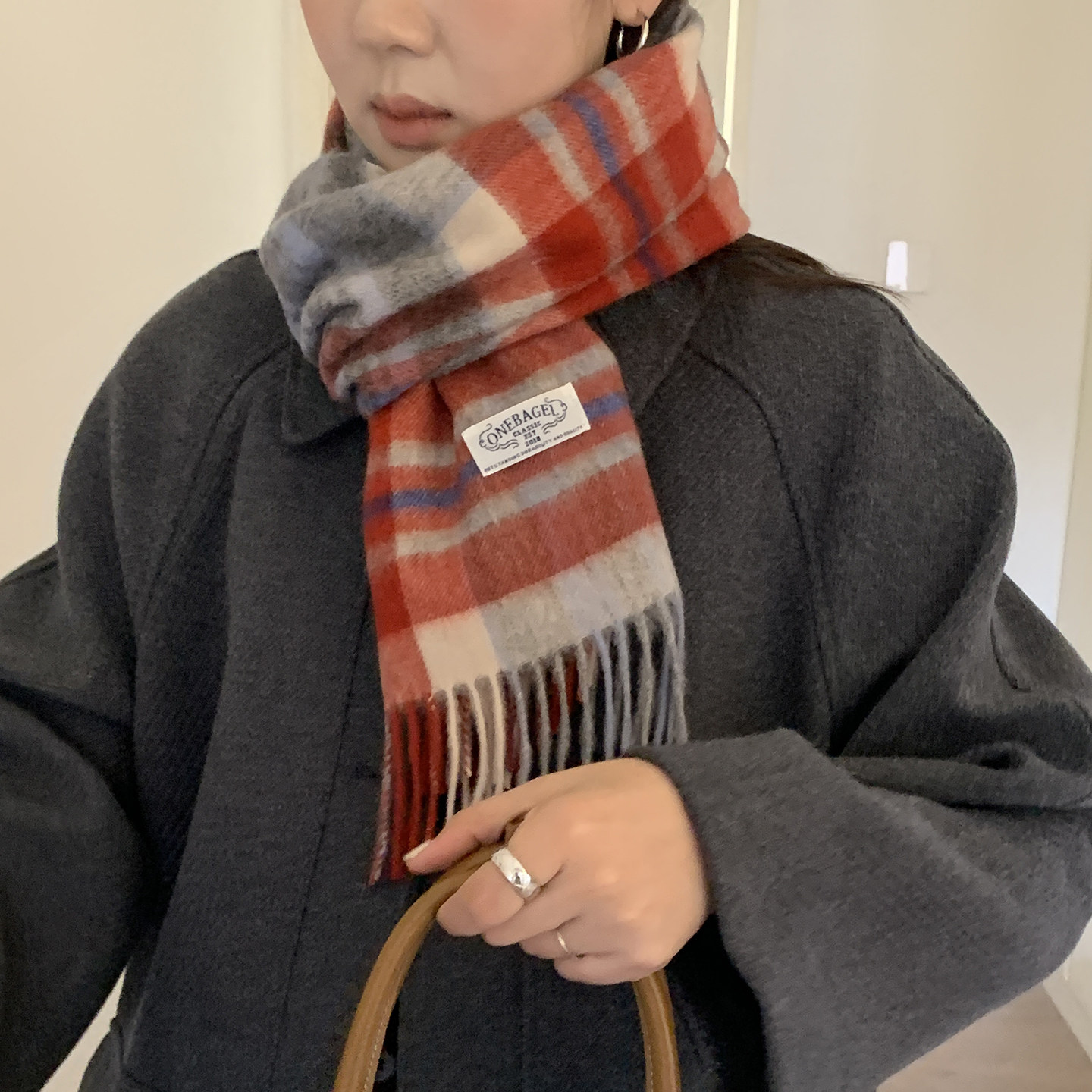 韩代同款100%羊毛围巾女格纹围脖