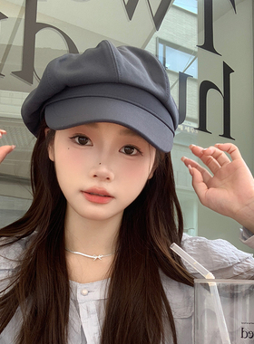 日系西装料灰色八角帽子女秋冬高级感大头围报童帽英伦复古贝雷帽