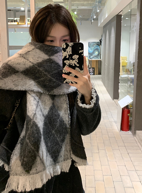 大被子~清冷灰色仿羊绒围巾女冬季学生日系加厚保暖围脖披肩一体