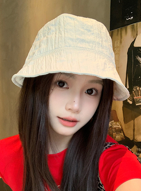 泡泡纱薄款防晒帽子女春季小众褶皱设计白色渔夫帽户外遮阳盆帽潮