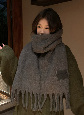 格雷系灰色围巾女冬季纯色羊毛混纺仿羊绒围脖男中性情侣保暖披肩