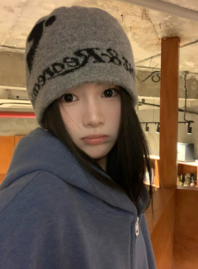 韩国字母灰色针织帽女秋冬季双层加厚保暖毛线帽子小众潮流冷帽男