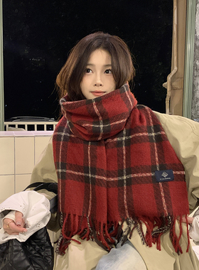 马年新年红色围巾女冬季2025新款长款格子仿羊绒围脖披肩两用保暖
