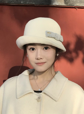 城南旧事~民国风白色羊毛小礼帽女秋冬气质复古渔夫帽子优雅盆帽