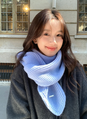 氛围感海盐蓝色针织围巾女冬季东大门抗起球保暖防风毛线围脖学生