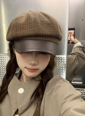 日系复古毛呢拼pu皮八角帽子女秋冬文艺报童帽格纹贝雷帽女画家帽