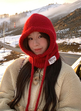 ins帽子围巾一体红色针织帽子女冬季护耳毛线帽保暖巴拉克拉法帽