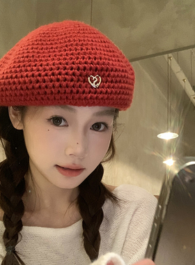 可爱红色贝雷帽子女冬季韩版文艺复古画家帽爱心针织帽甜美云朵帽