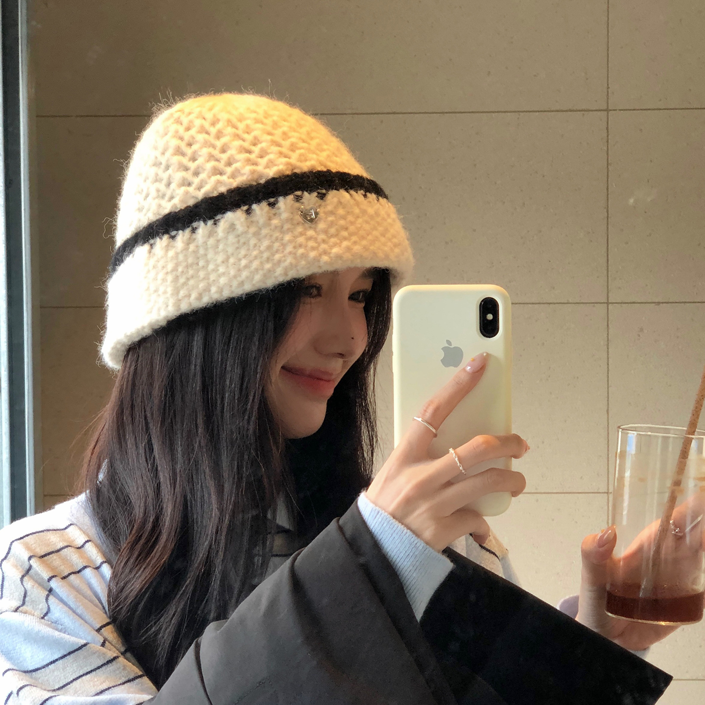 韩系ins拼色爱心标针织盆帽女秋