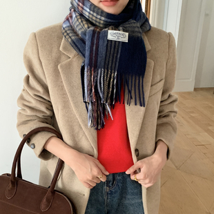 搭配格纹流苏保暖小围脖男防风 时尚 韩代同款 100%羊毛围巾女秋冬季