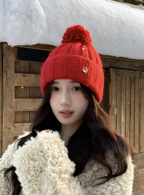 新年氛围感红色帽子女冬季可爱麻花针织帽防寒保暖毛线帽包头冷帽