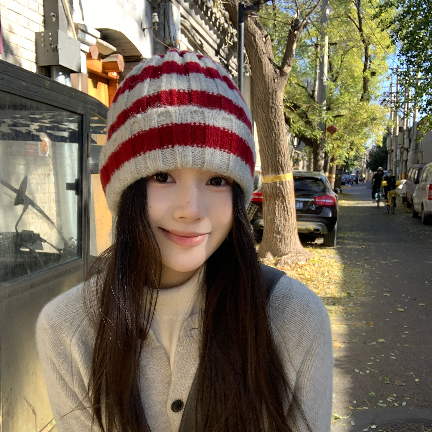 氛围感条纹针织帽子女冬季毛线帽